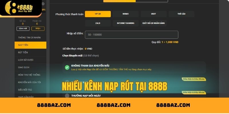 Nhiều kênh nạp rút tại 888B